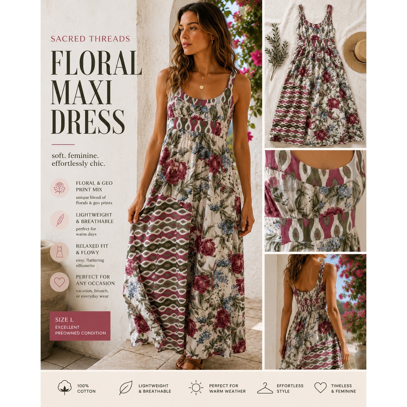 Sacred Threads Cotton Floral Maxi Dress Boho Resort Cottagecore L